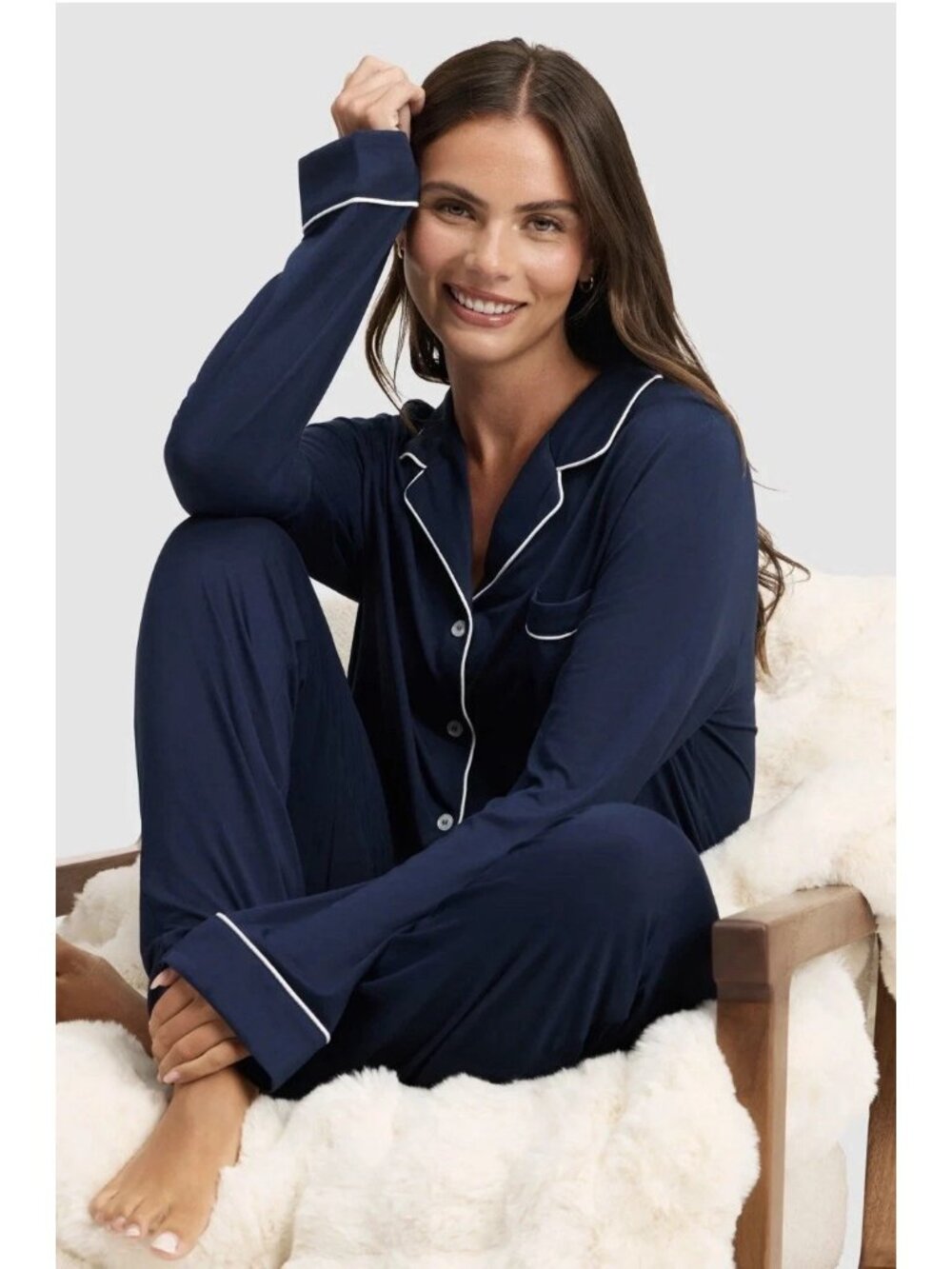 Cozy Earth Pajamas XXL TALL Navy Bamboo Stretch-Knit Long Sleeve Pajama Set NEW